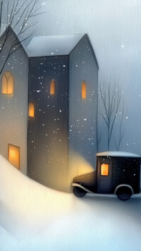 Samochód przed oświetlonymi domami zimową porą