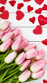 Serduszka nad różowymi tulipanami