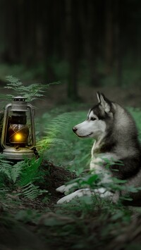 Siberian husky obok lampy naftowej