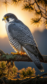 Sokół wędrowny na iglastej gałązce