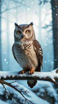 Sowa na ośnieżonej gałęzi w lesie