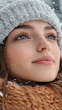 Spojrzenie kobiety w ośnieżonej czapce i szaliku