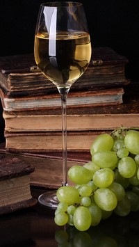 Stos książek za kieliszkiem wina