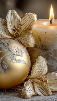 Stroik z zapaloną świecą i kwiatami oraz złotą bombką