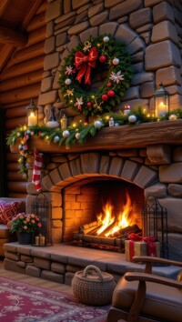 Świąteczny wianek i zapalone świece nad kominkiem