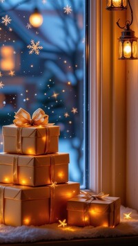 Światełka na prezentach na okiennym parapecie