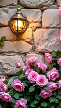 Świecąca lampa i pnące różowe róże na ścianie z kamienia