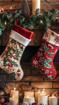 Świece i skarpety na prezenty nad kominkiem
