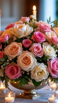 Świece obok bukietu róż w wazie na stole