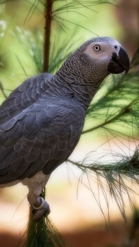 Szara papuga żako na iglastej gałązce