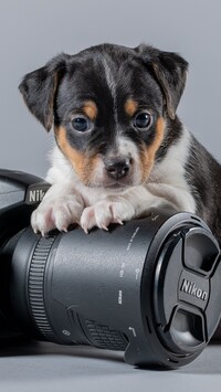 Szczeniak z łapkami na aparacie fotograficznym