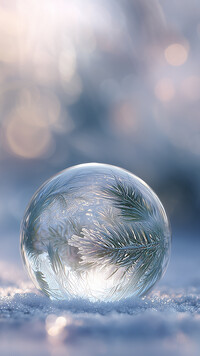 Szklana kula z gałązką jodły na śniegu