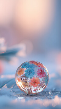 Szklana kulka z kwiatami na śniegu