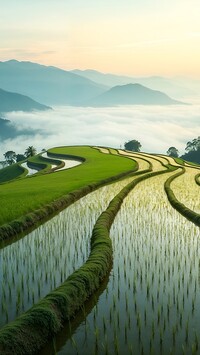 Tarasy ryżowe i mgła nad doliną