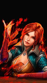 Triss Merigold z płonącymi kartami