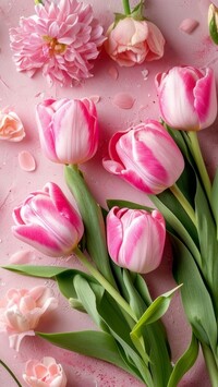 Tulipany i inne kwiaty na różowym tle
