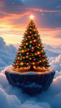 Udekorowana choinka z gwiazdą na chmurach