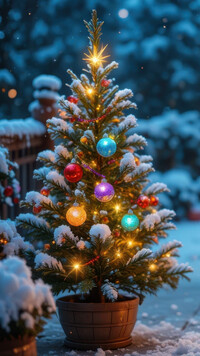 Udekorowana i ośnieżona choinka w doniczce