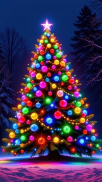 Udekorowana i oświetlona nocą choinka na śniegu w lesie