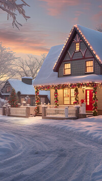 Udekorowany świątecznie dom przy zaśnieżonej drodze