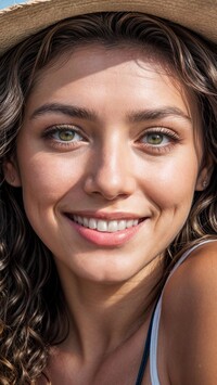 Uśmiechnięta długowłosa kobieta w kapeluszu