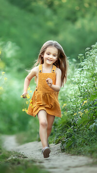 Uśmiechnięta dziewczynka biegnąca ścieżką