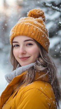 Uśmiechnięta kobieta w ośnieżonej czapce i kurtce