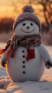 Uśmiechnięty bałwanek w czapce i szaliku na śniegu