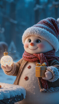 Uśmiechnięty bałwanek w zimowym ubranku z prezentem i świecącą kulą