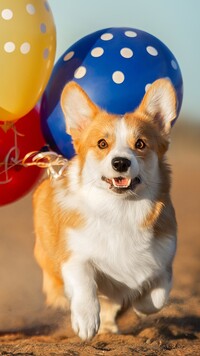 Welsch corgi pembroke biegnący z balonami