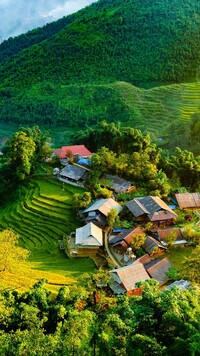 Widok z góry na tarasy ryżowe i domy
