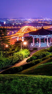 Widok z parku Haengjusanseong na oświetlony most w Goyang