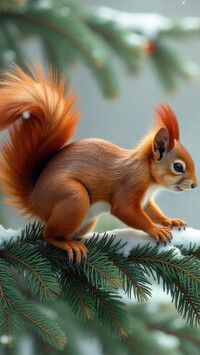 Wiewiórka na ośnieżonej iglastej gałązce