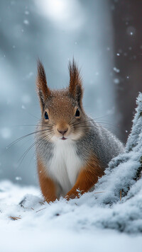 Wiewiórka na śniegu obok ośnieżonego pnia drzewa