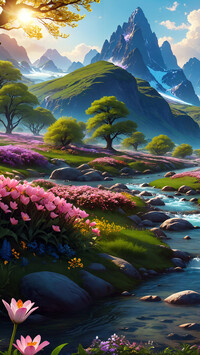 Wiosenne kwiaty nad górskim potokiem