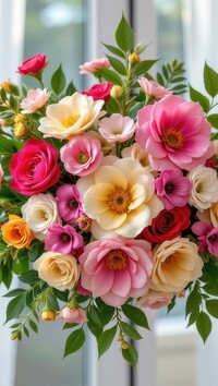 Wiszący bukiet z kolorowymi kwiatami w oknie