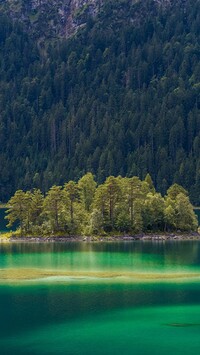 Wysepka z drzewami na jeziorze Eibsee
