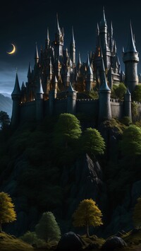 Zamek z wieżami na wzgórzu wśród drzew