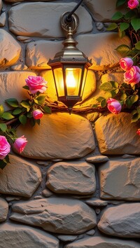 Zapalona lampa i pnące róże na ścianie z kamienia