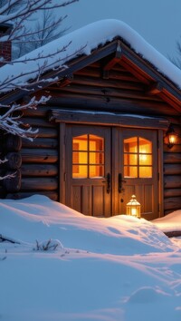 Zapalona lampa przed oświetlonym drewnianym domem zimową porą