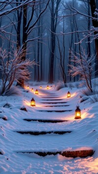 Zapalone lampiony na zaśnieżonych schodach w lesie