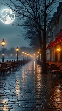 Zapalone latarnie przed restauracją na paryskim bulwarze w padającym deszczu