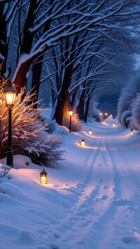 Zapalone nocą latarnie pod drzewami przy leśnej drodze zimową porą