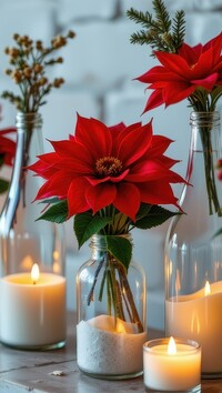 Zapalone świece i kwiaty gwiazdy betlejemskiej w butelkach