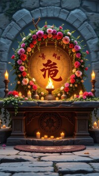Zapalone świece i kwiaty na ołtarzu z chińskim znakiem w kamiennej budowli