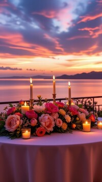 Zapalone świece i kwiaty na stoliku z widokiem na morze