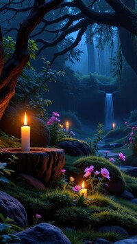 Zapalone świece i różowe kwiaty obok drzew w lesie nocną porą