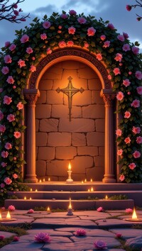 Zapalone świece przed kamiennym łukiem z krzyżem oplecionym kwiatami