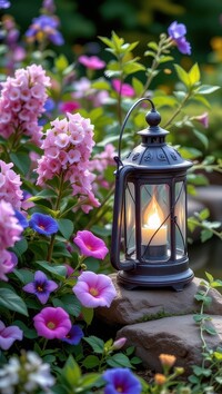 Zapalony lampion na kamieniu i kolorowe kwiaty