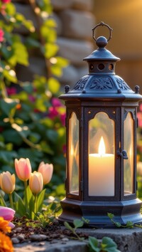 Zapalony lampion obok kwiatów